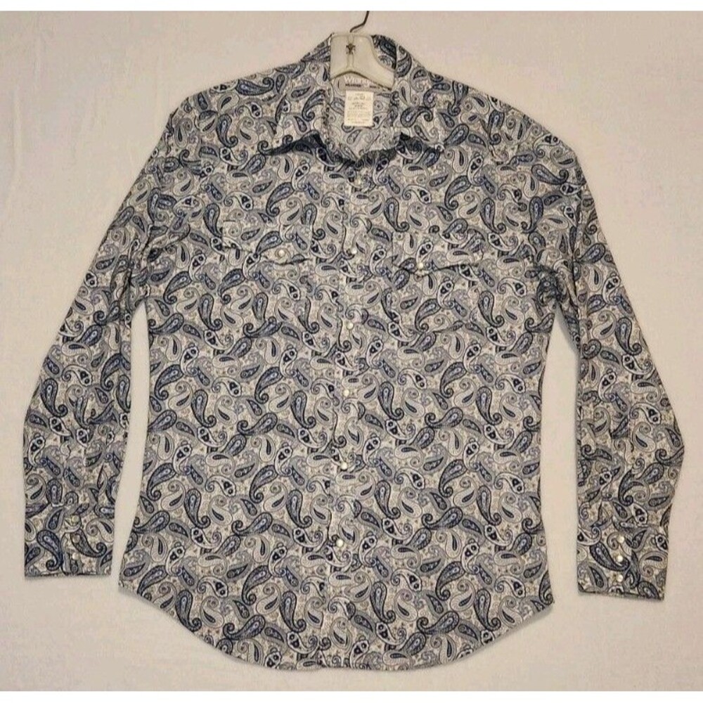 Wrangler Wrancher Shirt Mens Medium White Blue Paisley Long Sleeve Pearl Snap